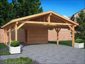 Přístřešek Orava se zadní přístavbou 520x680, se sedlovou střechou, masivní dřevěné stání na auto, dřevěný přístřešek na auto. Bez plného bednění střechy Výrobce 1 Dřevěné garážové stání se zadní přístavbou